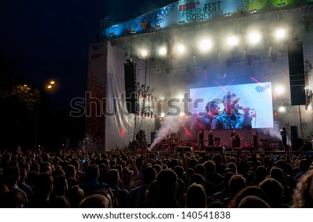 MOSCOW - MAY 25: Tesla Boy group performs at Bosco Fresh Fest in Gorky Park on May 25, 2013 in Moscow. The mission of this festival is to find new talent and releasing them on the big stage