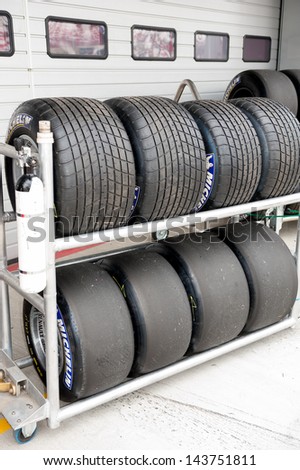 MOSCOW - JUNE 23: New and used formula car tires at World Series by Renault in Moscow Raceway on June 23, 2013 in Moscow