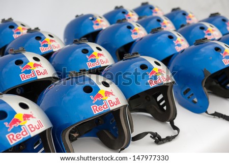 MOSCOW - JULY 28: Helmets for participants on Red Bull Flugtag on July 28, 2013 in Moscow. Red Bull Flugtag is an event in which competitors attempt to fly homemade human-powered flying machines
