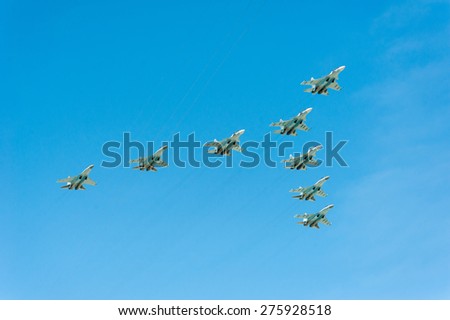 MOSCOW - MAY 7: Jet fighters participate at last rehearsal of the parade dedicated to 70th anniversary of the victory in the Second World War in Red Square on May 7, 2015 in Moscow
