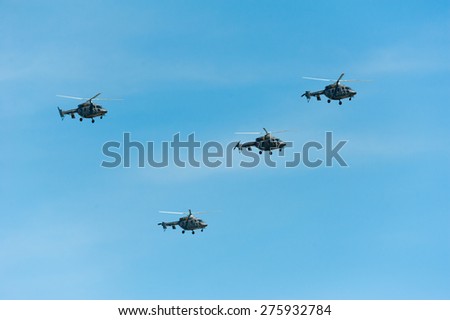 MOSCOW - MAY 7: Helicopters participate at last rehearsal of the parade dedicated to the 70th anniversary of the victory in the Second World War in Red Square on May 7, 2015 in Moscow