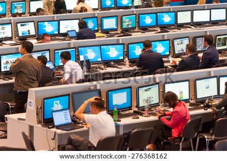 MOSCOW - MAY 9: Journalists work in the international press center, they write news about 70th anniversary of the victory in the Second World War events on May 9, 2015 in Moscow
