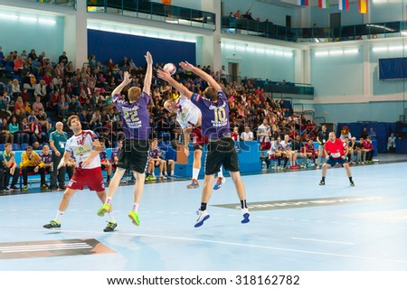 CHEKHOV, RUSSIA - SEPTEMBER 17: Young men playing handball on September 17, 2015 in Chekhov, Russia. Champions League. \