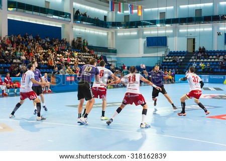 CHEKHOV, RUSSIA - SEPTEMBER 17: Young men playing handball on September 17, 2015 in Chekhov, Russia. Champions League. 
