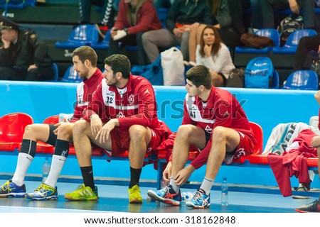 CHEKHOV, RUSSIA - SEPTEMBER 17: Reserve players at handball match on September 17, 2015 in Chekhov, Russia. Champions League. \