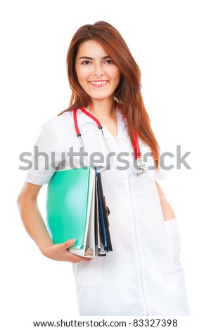 Young medical smiling woman doctor carrying medical files