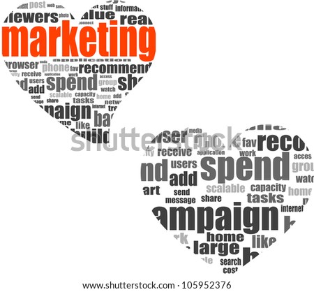 marketing. Word collage set in heart shape. Illustration with different association terms - raster