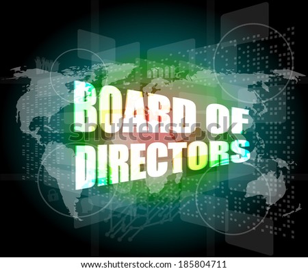 board of directors words on digital screen background with world map, infographics