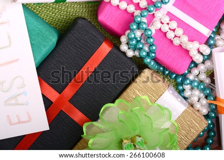 Easter background with eggs, easter ribbons,  easter spring decoration, easter holiday concept