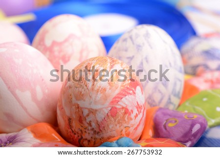 Easter background with eggs, ribbons and spring decoration, easter holiday