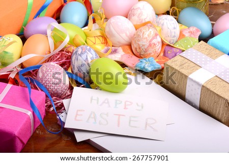 Easter background with eggs and gift box, easter holiday