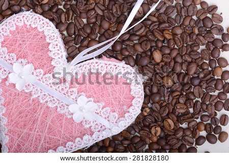 Valentine's day, wedding, love, Red, pink heart, paper heart. Red paper heart on background of coffee beans