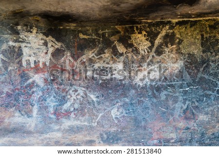 Satukunda Rock Paintings. Just 24 km fom Bhopal, Satkunda has around 5000 year old rock art. Contemporary in quality and age the world Heritage site of Bhim Baithika in the east of Bhopal.