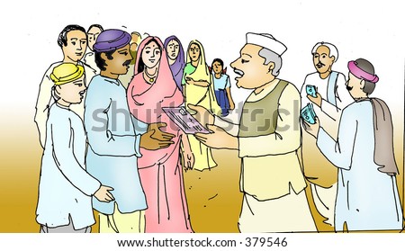 A politician awarding help to rural indian villagers