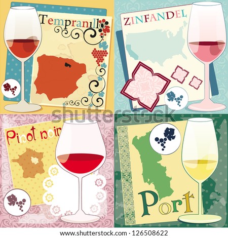 Vector set with four decorative illustrations with glasses for  wine from California, France, Spain, Portugal and grapes region map