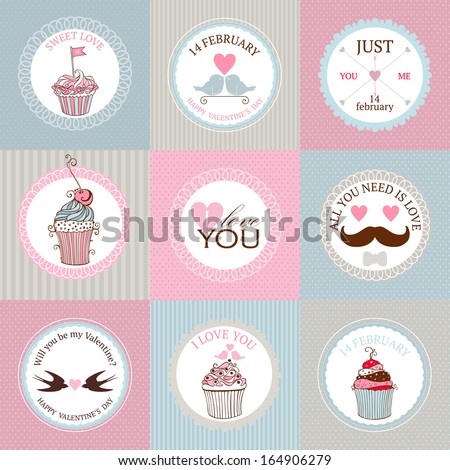 Vector collection of decorative hand drawn sweet cupcakes illustrations for valentines day design.