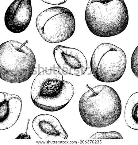 Vector seamless pattern with black ink hand drawn fruits for food and restaurant design. Vintage fruit background for vegetarian food.
