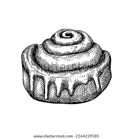 Sketched cinnamon roll illustration. Vector sketch of traditional baked product. Cinnamon bun with cream, sugar, and cinnamon drawing. Bakery goods sketch in vintage style. Sweet food illustration