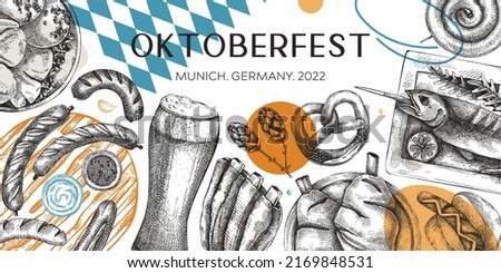 German food background in collage style. Oktoberfest menu trendy design. Vector meat dishes sketches and geometric shapes. German cuisine modern banner. Traditional beer festival illustration. 