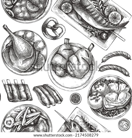 Oktoberfest background. German cuisine menu design. Pretzel, roast pork, ham hocks, sausages, ribs, and grilled fish on table. Grilled meat dishes seamless pattern. German restaurant backdrop. 