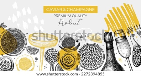 Collage-style caviar and champagne banner design. Hand-drawn red caviar canape, canned black caviar, sparkling wine bottle, glass sketches. Seafood background for restaurant menu. Trendy food border 