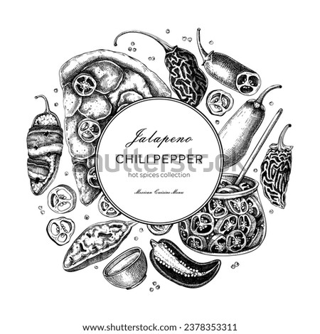 Mexican cuisine menu restaurant wreath design. Ripe jalapeno chili pepper sketches. Hot spices, vegetarian, healthy food hand drawn vector illustration. Jalapeno with slices and seeds for packaging