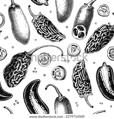 Mexican cuisine background. Ripe jalapeno chili pepper sketches. Hot spice seamless pattern. Healthy food hand drawn vector illustration. Jalapeno slices, seeds, chipotle for packaging, menu, fabric. 