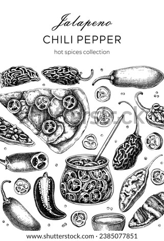  Mexican cuisine menu restaurant design template. Ripe jalapeno chili pepper sketches. Hot spices, vegetarian, healthy food hand drawn vector illustration. Jalapeno with slices and seeds for packaging