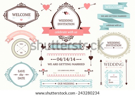 Vector collection of vintage wedding frames. Set of holiday decoration elements.