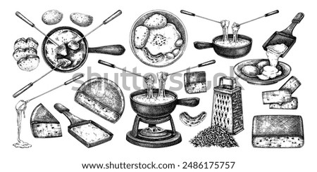 Cheese fondue sketches set. Hand-drawn food illustrations. Dairy products, melted cheese, fondue pots vector drawings. NOT AI generated