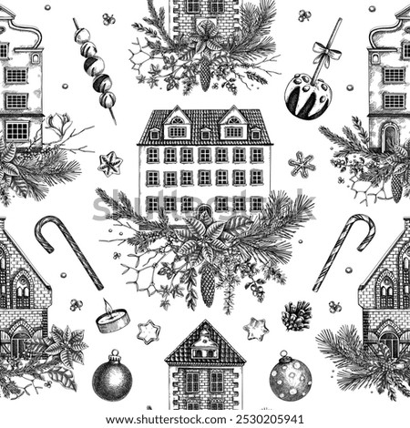 Christmas background. Architecture sketch. Vintage house seamless pattern. European winter hand-drawn vector illustration. NOT AI generated