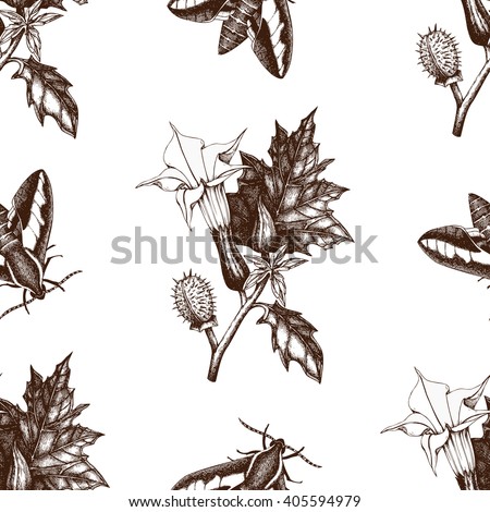 Vintage seamless pattern with Ink hand drawn  sphinx butterflies illustration and Thorn-apple flower sketch. Vector background with highly detailed moth and poisonous plant sketch 