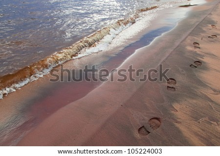 Onega lake in Kareliya. Traces from boots on sand