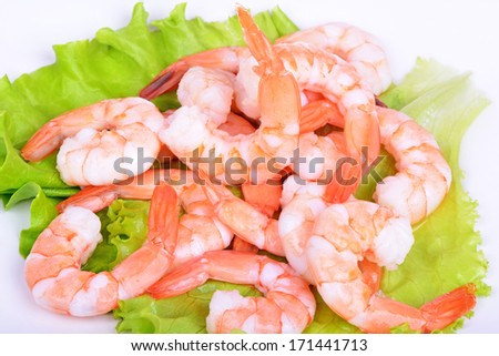Shrimps and salad on a white background