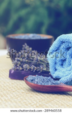 Spa treatments of lavender flowers, soap, sea salt.Special toned photo in retro style