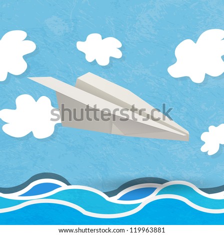 vector paper aircraft landing over water