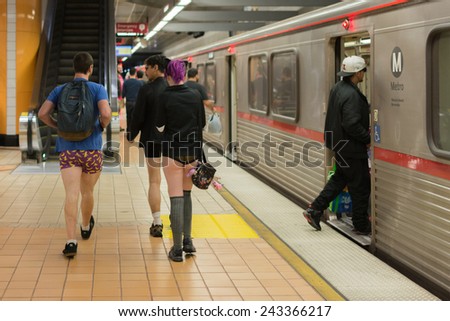 Los Angeles, CA - January 11, 2015: People without pants arriving in the 7th Annual International \