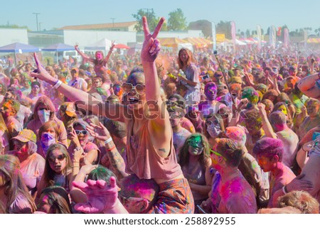 Norwalk, California, USA - March 7, 2015: People celebrating during the Holi Festival of Colors