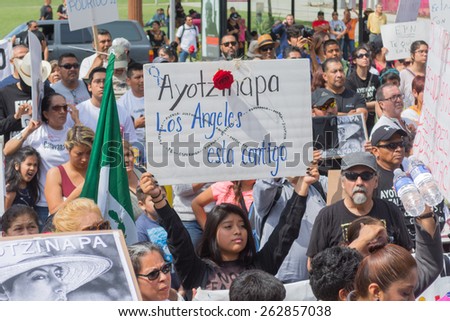 Los Angeles, California, USA - March 22, 2015 - Relatives of the 43 students who disappeared in Mexico packed the streets of downtown Los Angeles to bring attention to their cause and seek support.