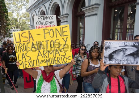Los Angeles, California, USA - March 22, 2015 - Relatives of the 43 students who disappeared in Mexico packed the streets of downtown Los Angeles to bring attention to their cause and seek support.