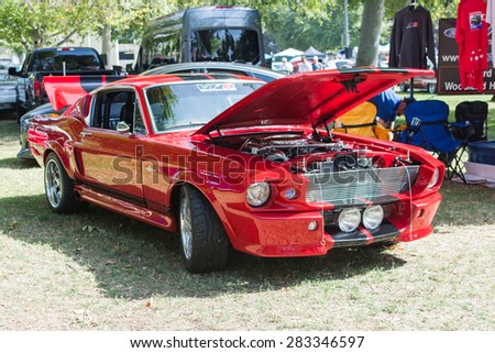 Woodland Hills, CA, USA - May 30, 2015: Ford Mustang car on display during 12th Annual LAPD Car Show & Safety Fair.