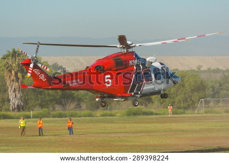 Lakeview Terrace, CA, USA - June 20, 2015: Los Angeles Fire Department helicopter during Los Angeles American Heroes Air Show, event designed to educate the public about rotary-wing aviation.