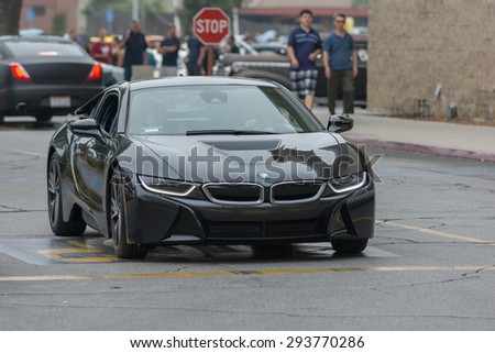 Woodland Hills, CA, USA - July 5, 2015: BMW i8 car on display at the Supercar Sunday car event.