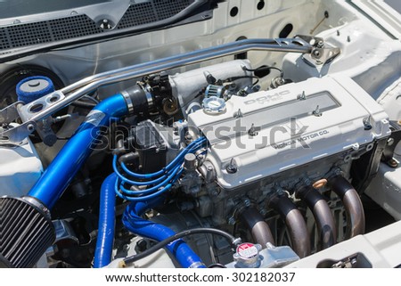 Anaheim, CA, USA - August 1, 2015: Sport car high tech powerful Honda engine on display during Auto Enthusiast Day car show.