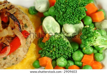 Chicken patty and fried onion with fresh steamed vegetables.