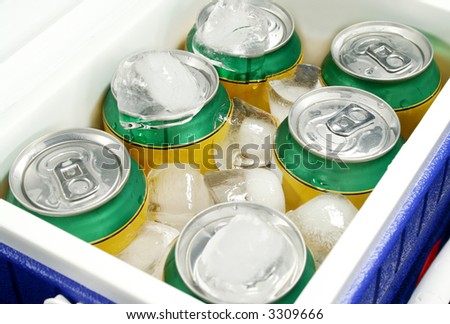 Icy cold drinks in a plastic cooler.