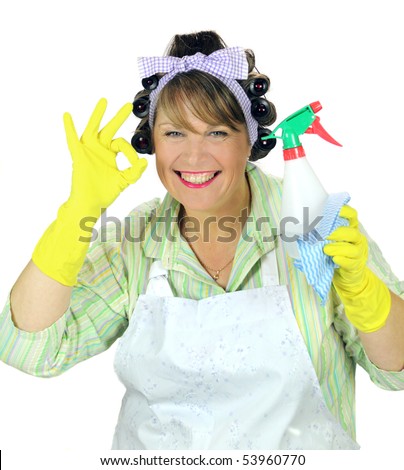 Frumpy Middle Aged Housewife Gives The Ok Sign While Cleaning. Stock ...
