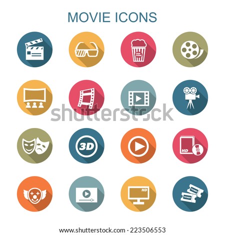 movie long shadow icons, flat vector symbols