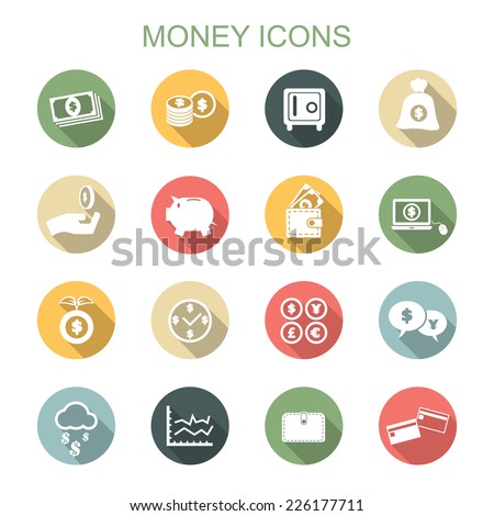 money long shadow icons, flat vector symbols