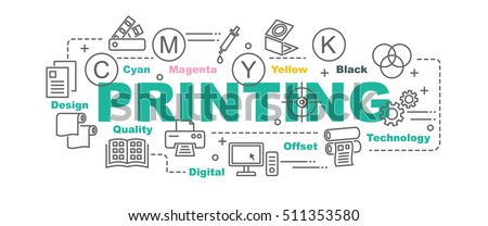 printing vector banner design concept, flat style with thin line art printing icons on white background
